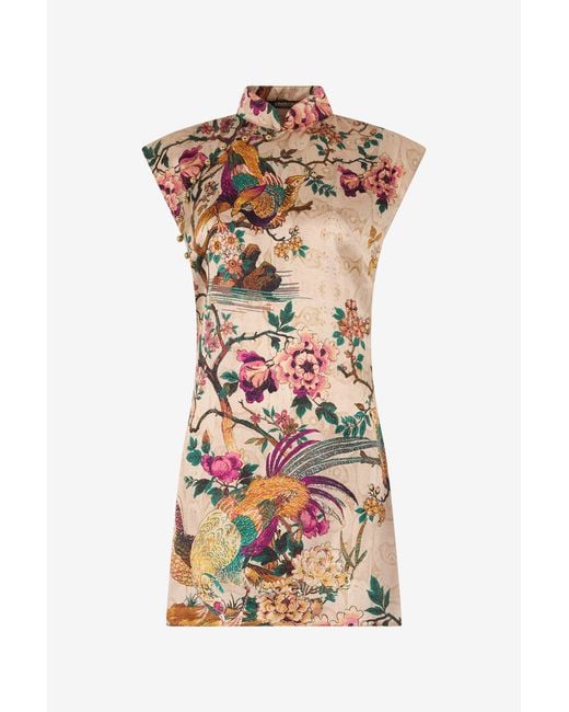 Roberto Cavalli White Oriental Bird Print Silk Mini Dress