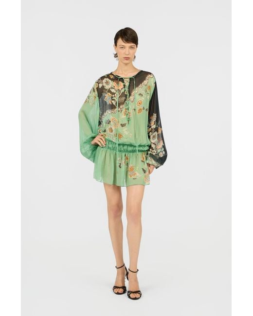 Roberto Cavalli Green Silk Chiffon Kimono Print Dress