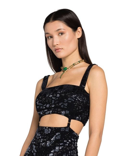 Roberto Cavalli Black Leopard Bead-Embellished Mini Dress