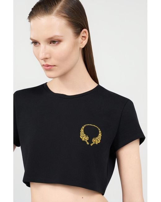 Roberto Cavalli Black Cotton Crop Top With Tigers