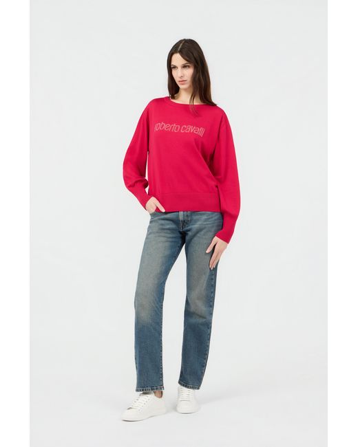 Roberto Cavalli Red Fuchsia Sweater With Crystal Logo