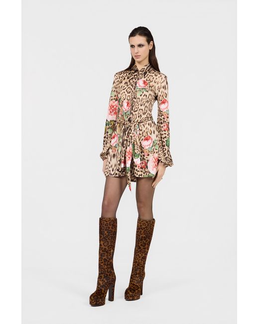 Roberto Cavalli White Mini Dress Jaguar Roses Print