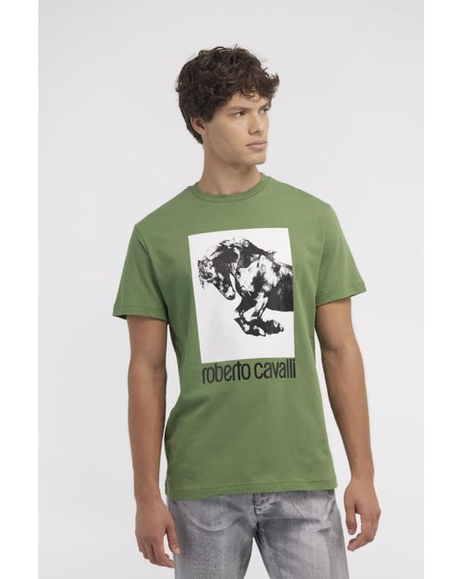 Roberto Cavalli Green Logo Printed Crewneck T-Shirt for men