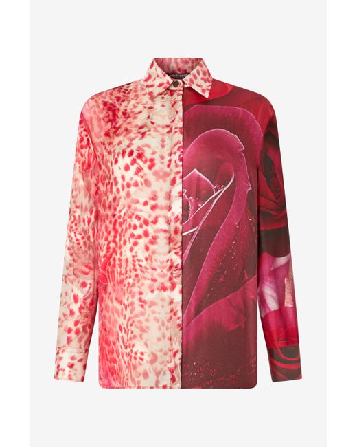 Camicia Con Stampa Jaguar Skin E Rose di Roberto Cavalli in Red