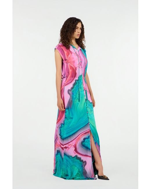 Roberto Cavalli Blue Long Dress Chemisier With Marbled Print
