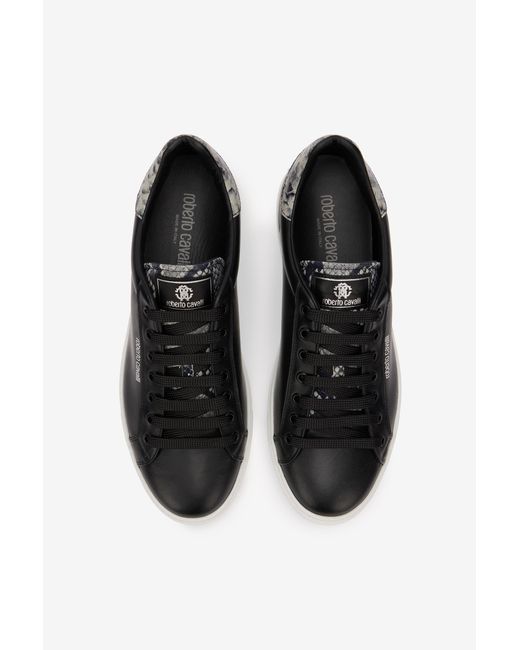 Roberto Cavalli Black Leather Sneaker With Snakeskin-Effect Detail for men