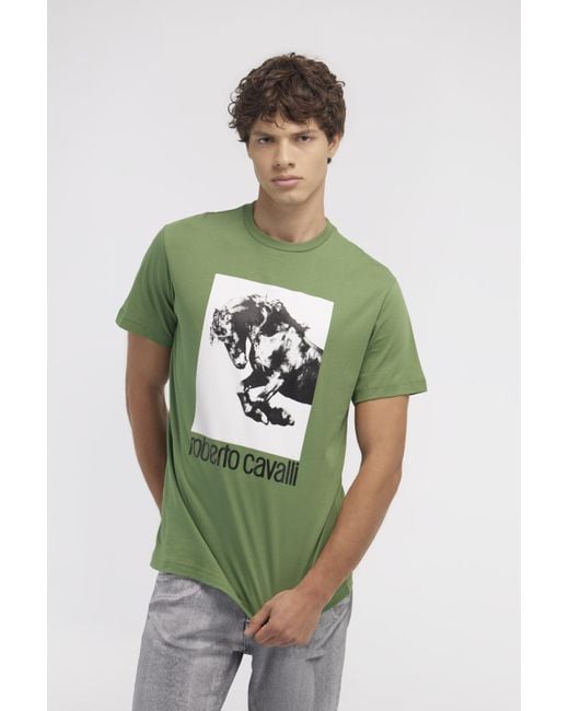 Roberto Cavalli Green Logo Printed Crewneck T-Shirt for men