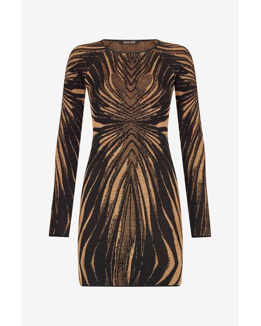 Roberto Cavalli Black Short Knit Dress With Ray Of Print