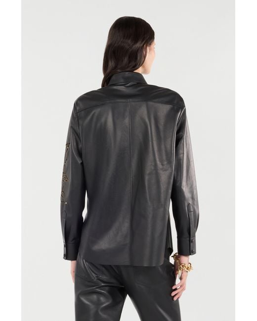Roberto Cavalli Black Leather Shirt With Perforated Roses