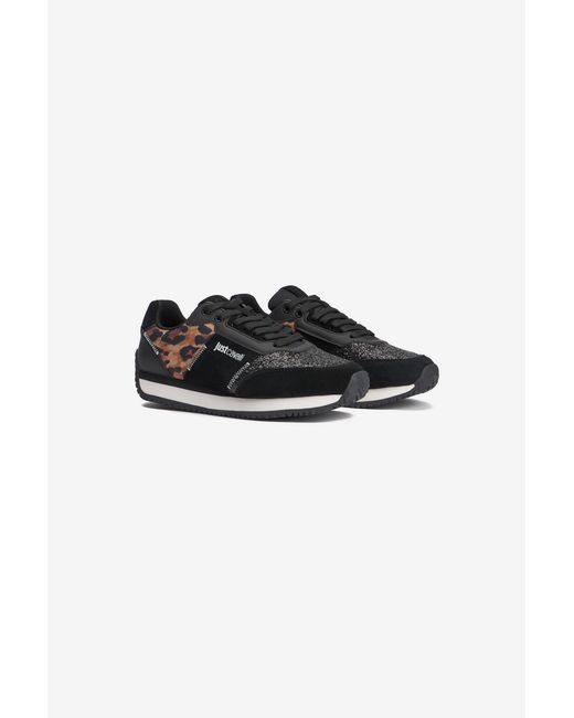Roberto Cavalli Black Sneakers With Jaguar Skin And Glitter Insert