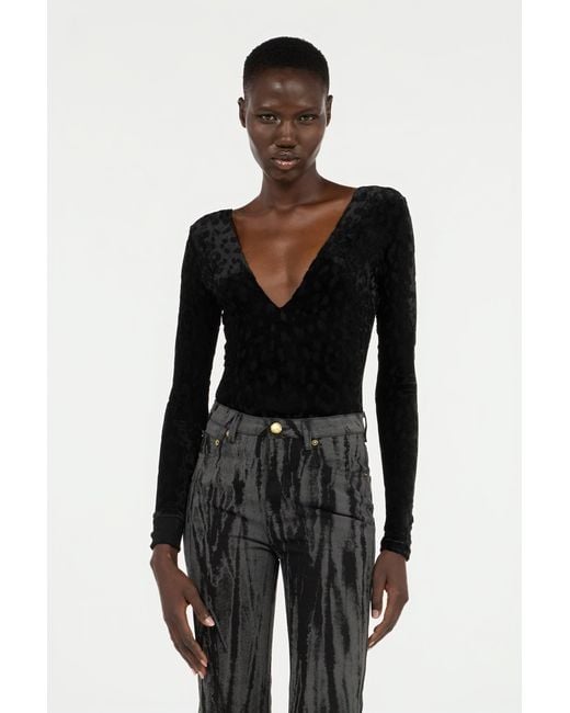 Roberto Cavalli Black Bodysuit With Jaguar Skin Pattern