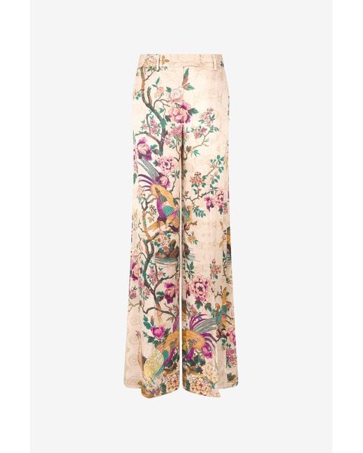 Roberto Cavalli White Palazzo Pants With Oriental Bird Print