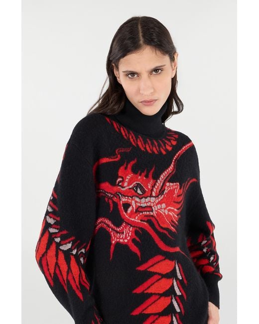 Roberto Cavalli Red Long Sweater With Pattern And Dragon