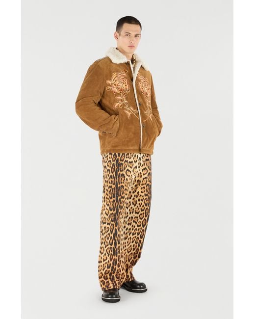 Roberto Cavalli Brown Suede Leather Jacket With Flowers And Tigers for men