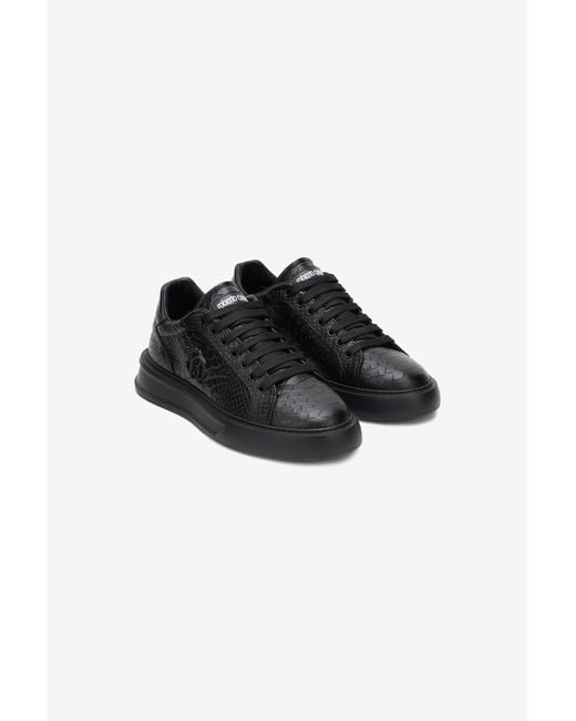 Roberto Cavalli Black Snake-Embossed Sneaker With Monogram Rc