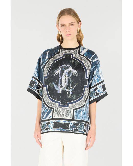 Roberto Cavalli Gray T-Shirt With Mirror Snake Monogram And Marble Print