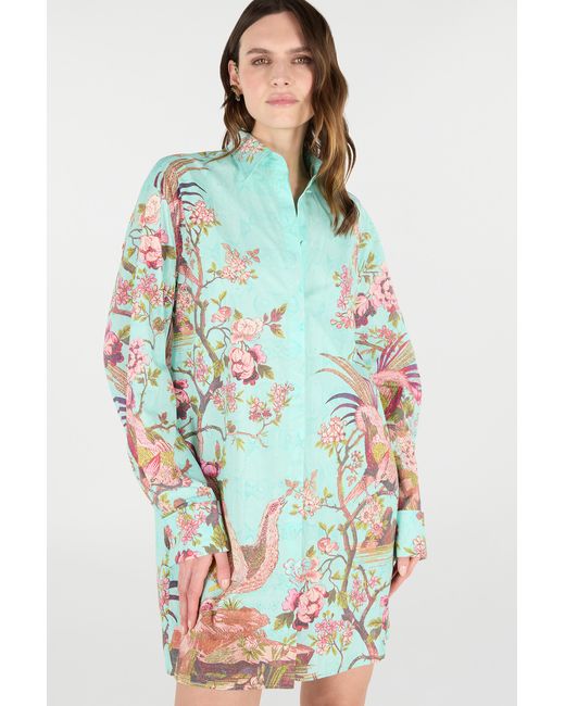 Roberto Cavalli Blue Shirt Dress With Oriental Bird Print