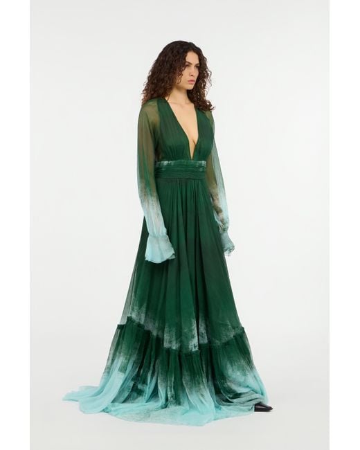 Roberto Cavalli Green Long Empire-Style Pure Silk Dress