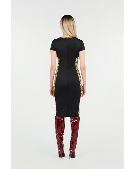 Roberto Cavalli Black Midi Dress With Leopard Print Panels
