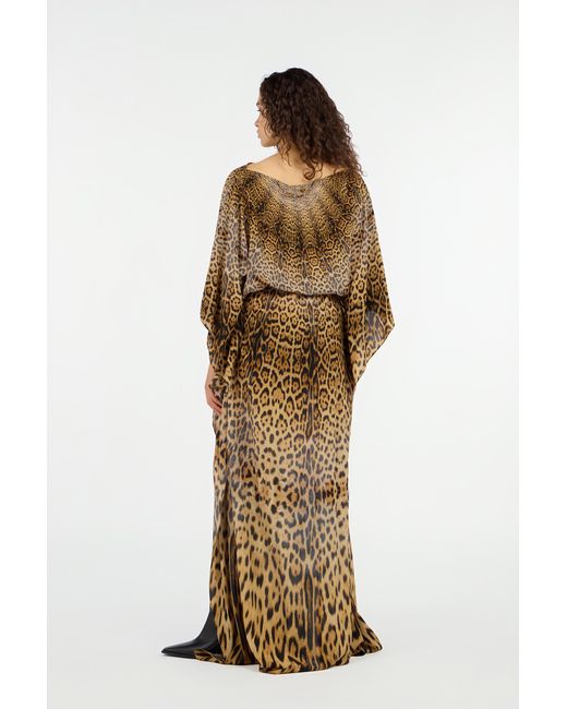 Roberto Cavalli Natural Long Silk Dress With Jaguar Skin Print