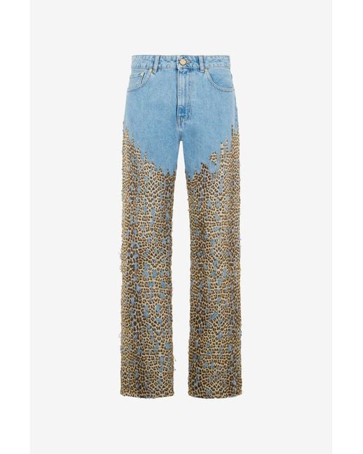 Roberto Cavalli Blue Wide Leg Denim Jeans With Baby Jaguar Print