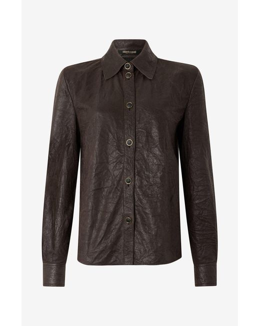 Roberto Cavalli Brown Dark Leather Shirt