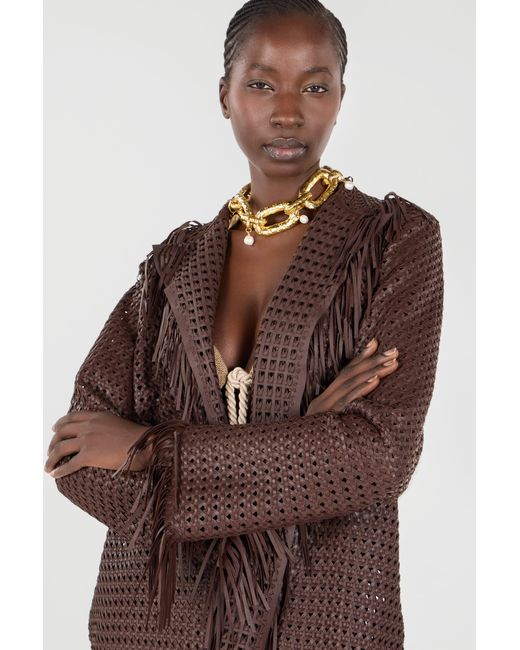 Roberto Cavalli Brown Woven Leather Coat With Fringes