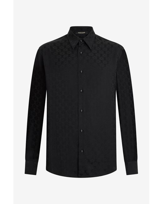 Roberto Cavalli Black Shirt With All-Over Monogram Mirror Snake for men