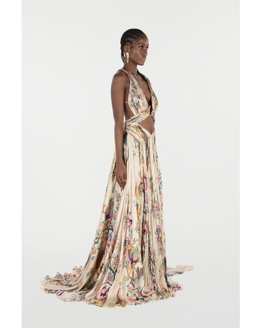 Roberto Cavalli Natural Extra-Long Silk Dress With Oriental Bird Print