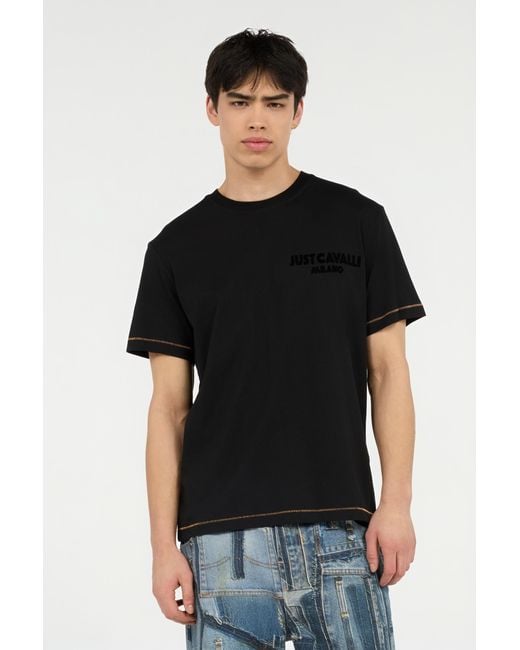 Roberto Cavalli Black T-Shirt With Jc Monogram And Contrasting Topstitching for men
