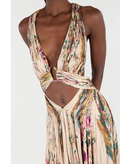 Roberto Cavalli Natural Extra-Long Silk Dress With Oriental Bird Print
