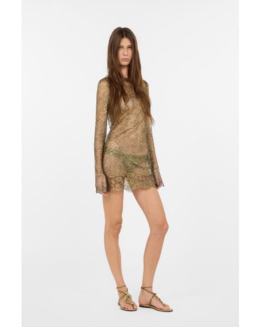Roberto Cavalli Natural Robe Courte En Dentelle Brodée À Effet De Transparence