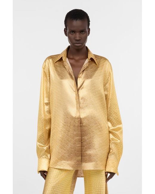 Roberto Cavalli Metallic Golden Silk Shirt With Serpentine Print