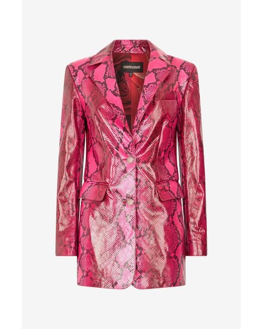 Roberto Cavalli Pink Shiny Python-Print Jacket