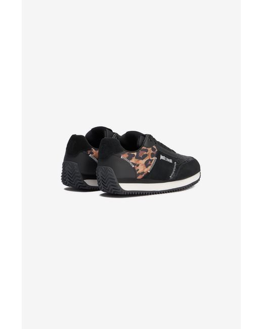 Roberto Cavalli Black Schwarze Sneaker Mit Jaguar Skin-Einsatz Und Glitzer