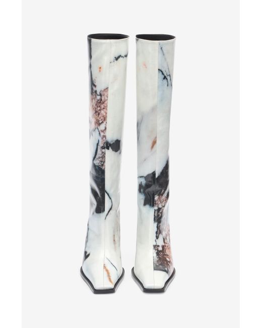 Roberto Cavalli White Knee-High Boots With Marble Print