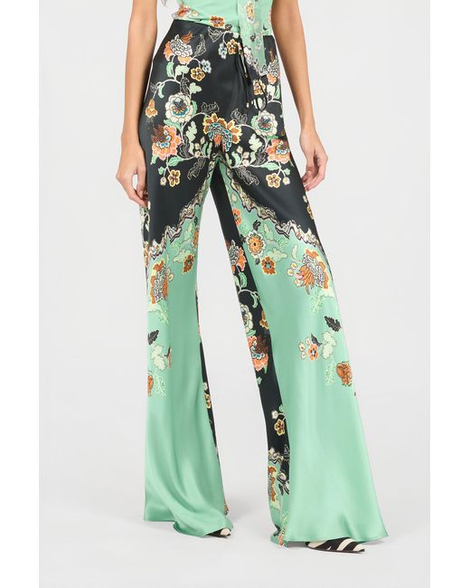 Roberto Cavalli Green Silk Pants With Kimono Print