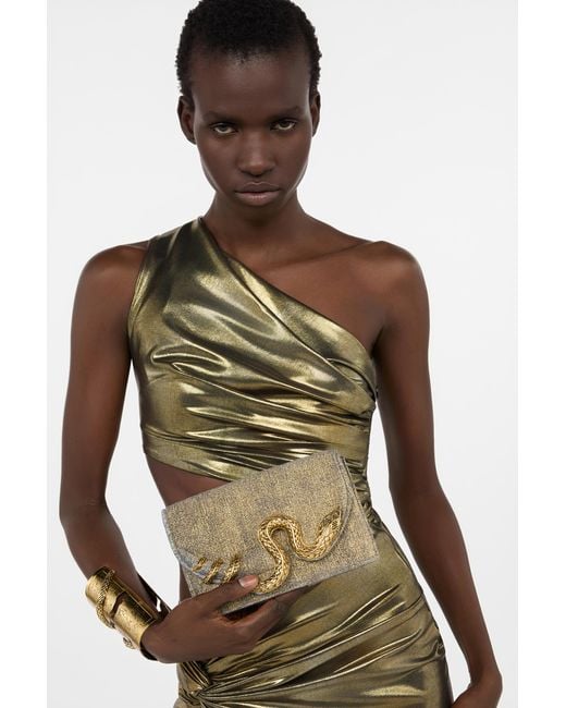 Roberto Cavalli Natural Golden Brushed-Effect Bag With Snake Motif