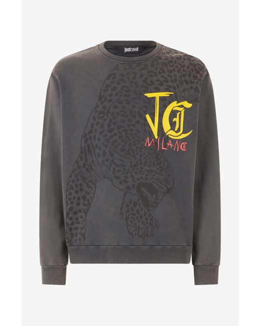 Roberto Cavalli Gray Sweatshirt With Jaguar And Lettering for men