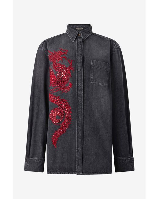 Roberto Cavalli Blue Shirt With Embroidery And Sequins