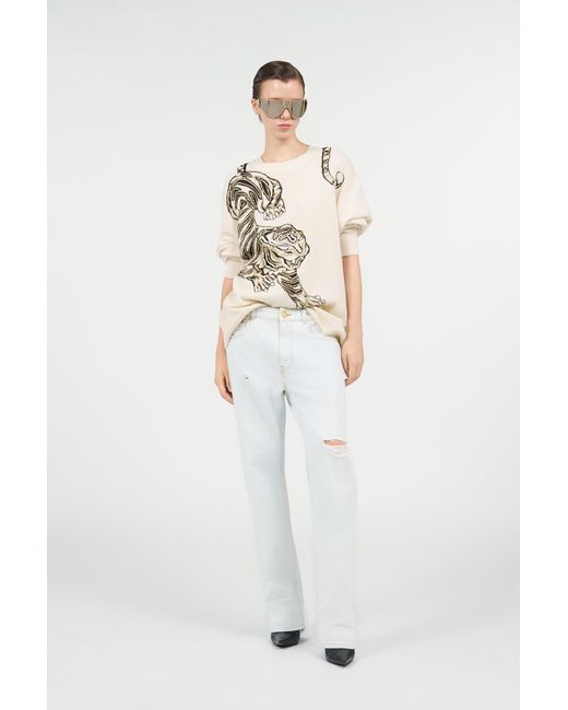 Roberto Cavalli Natural Wool Sweater With Tiger Motif