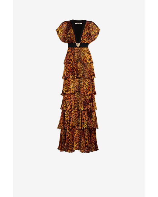 Roberto Cavalli Jaguar-print Pleated Silk Maxi Dress in Black | Lyst