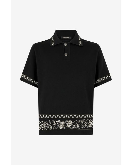 Roberto Cavalli Black Knitted Polo Shirt With Jacquard Pattern for men