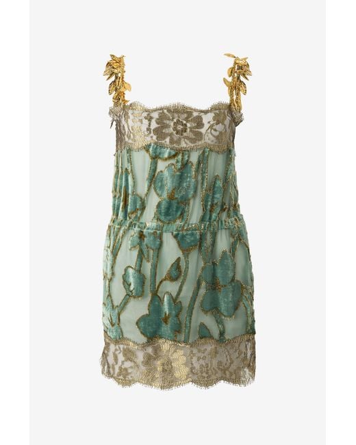 Roberto Cavalli Green Sage Mini Dress With Floral Pattern