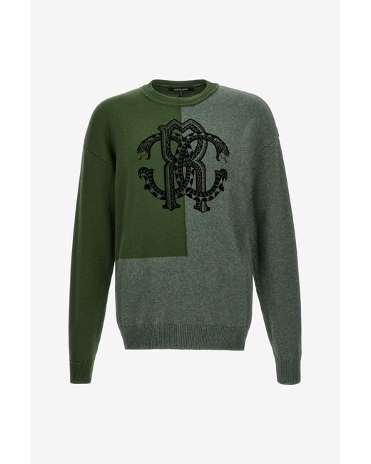 Roberto Cavalli Green Two-Tone Sweater With Monogram Rc for men