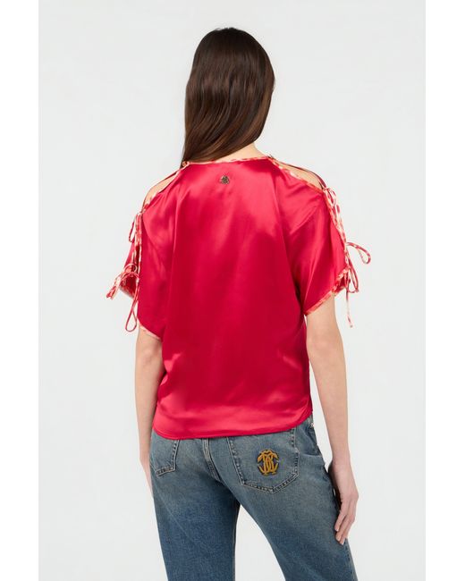 Roberto Cavalli Red Silk Tie-Shoulder Top