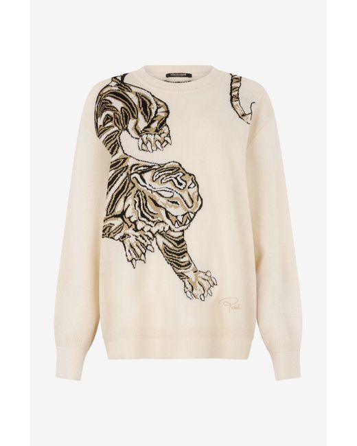 Roberto Cavalli Natural Wool Sweater With Tiger Motif