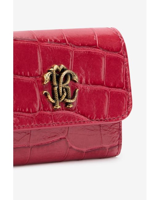 Roberto Cavalli Red Crocodile-Effect Square Card Holder