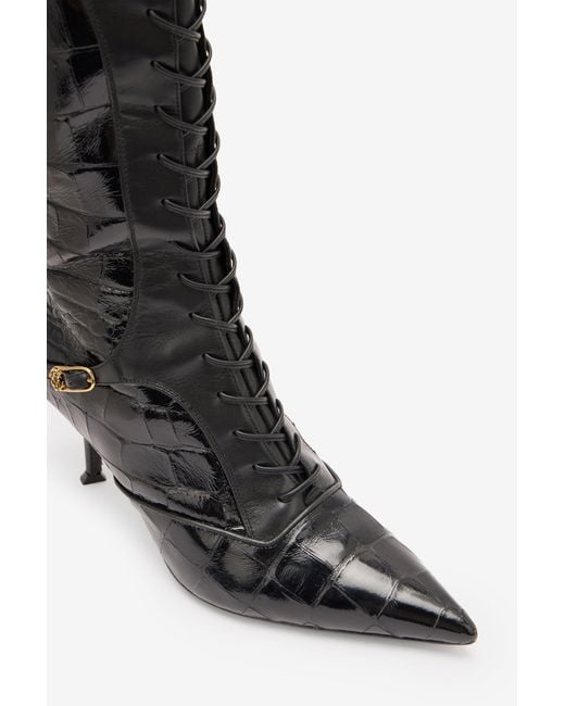 Roberto Cavalli Black Pointed Lace-Up Boots With Crocodile Effect