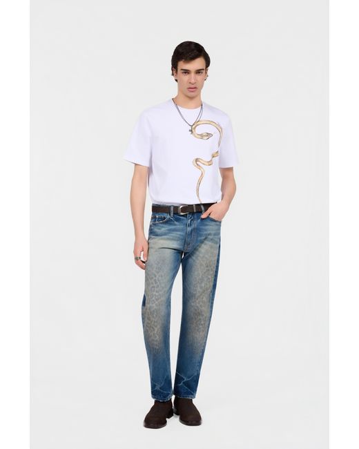 Roberto Cavalli Blue T-Shirt With Printed Snake for men